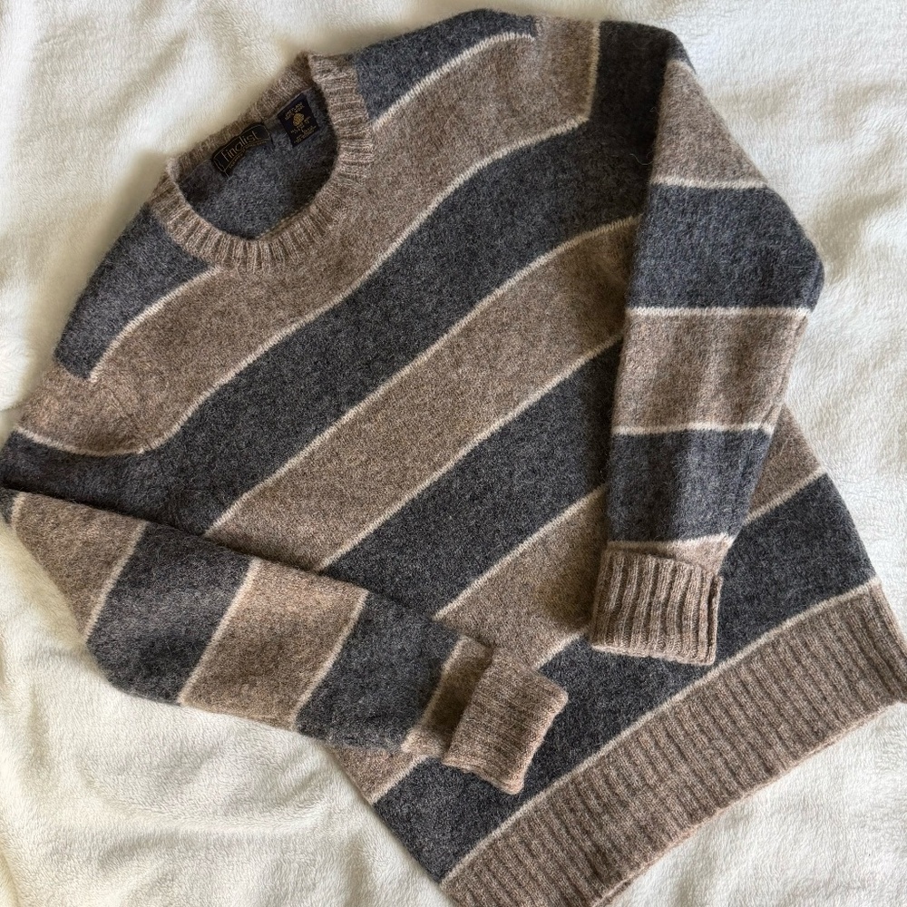 Men's Cozy Striped Crewneck Sweater - Tan and Gray